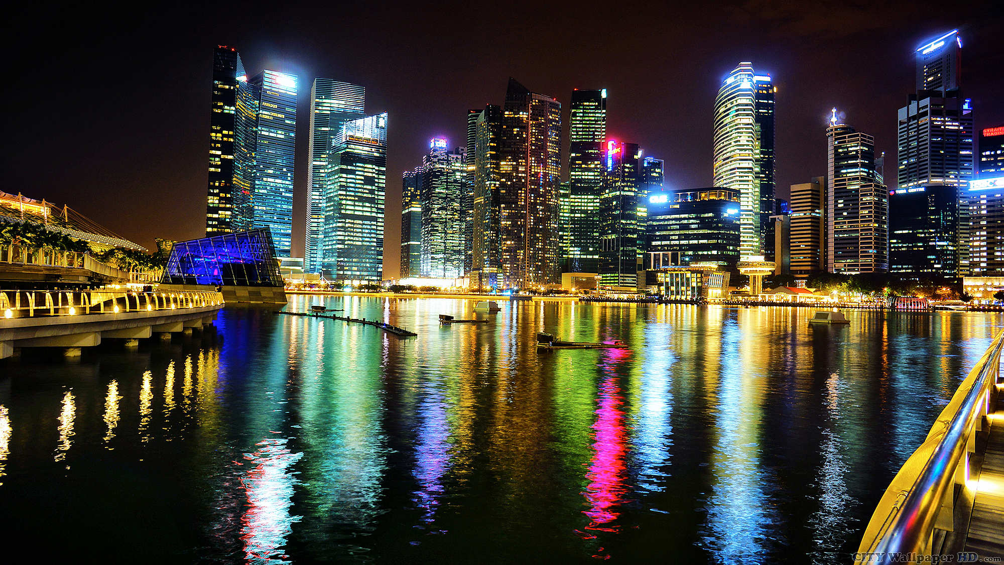 Night Singapore. Widescreen HD cityscapes for ios. Singapore, night, water,  lights.