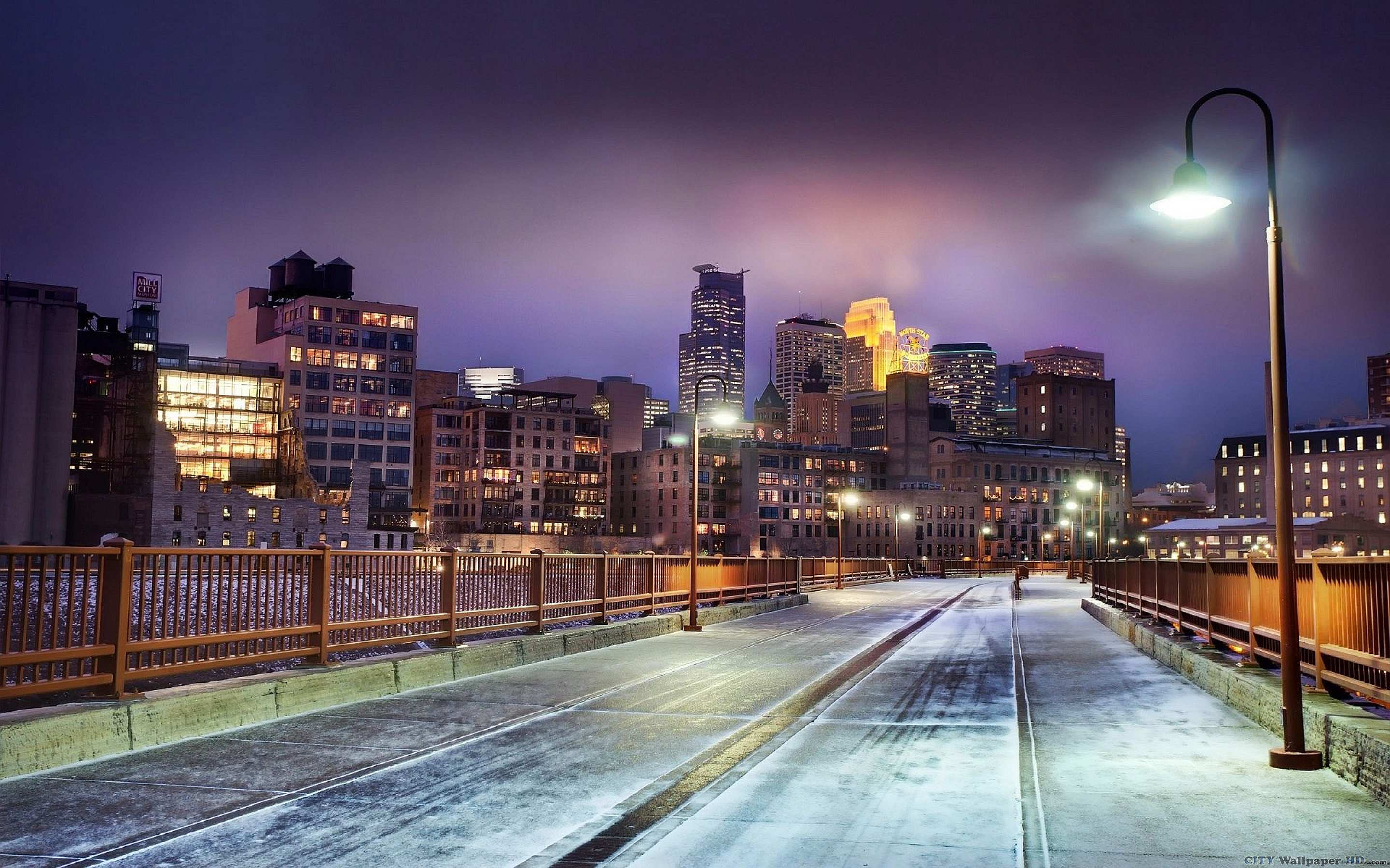 Winter night. Wide backgrounds cities for the laptop. Minnesota, United  States, buildings, winter.