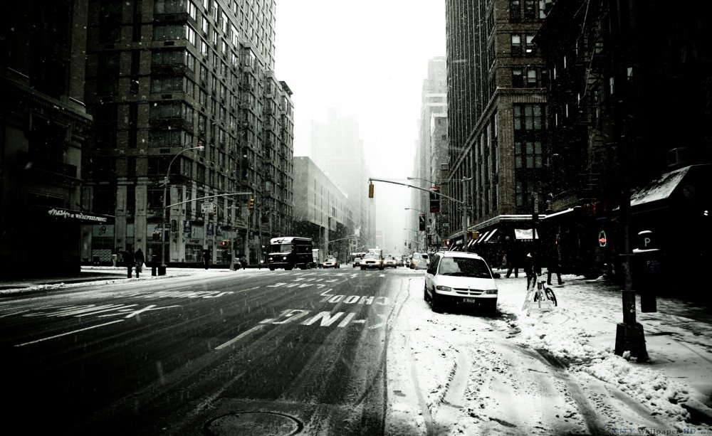 Foto preto e branco de uma neve, gelado de Nova York