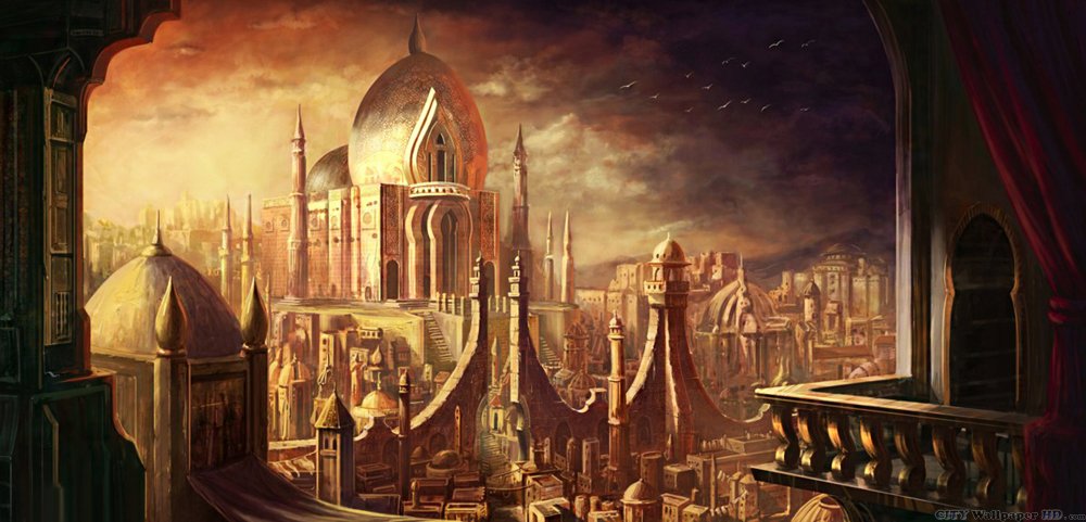 The golden city on a beautiful mythical wallpaper.