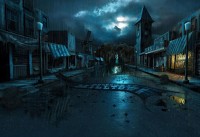 Fond d'écran sombre avec des gens vides, détruits et oubliés de la ville et entourée par une nuit sombre.
